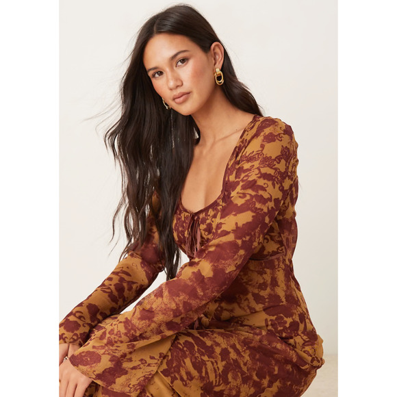 ASOS Ruched Bust Long Sleeve Maxi Dress Womens Size 14 Orange Abstract New - Picture 3 of 16